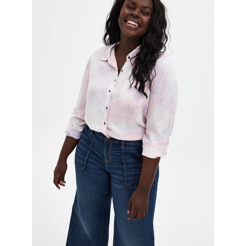 Torrid PINK TIE-DYE TWILL BUTTON-UP SHIRT 3x